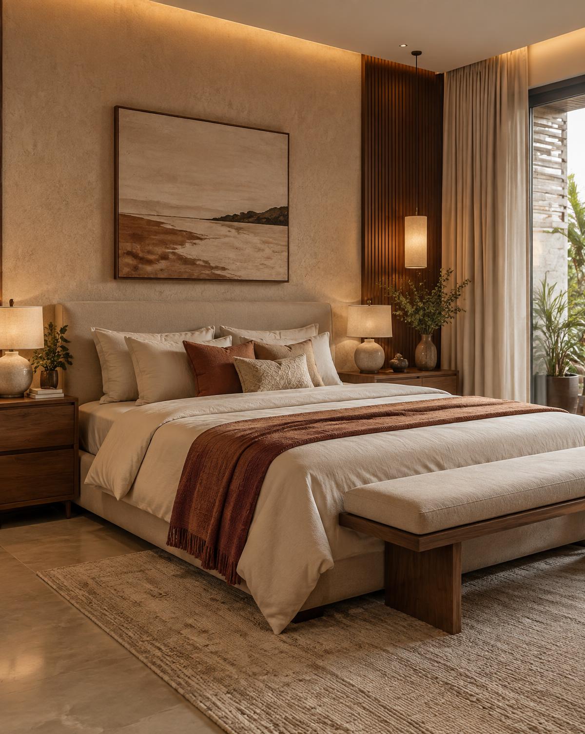 Warm contemporary bedroom interior concept