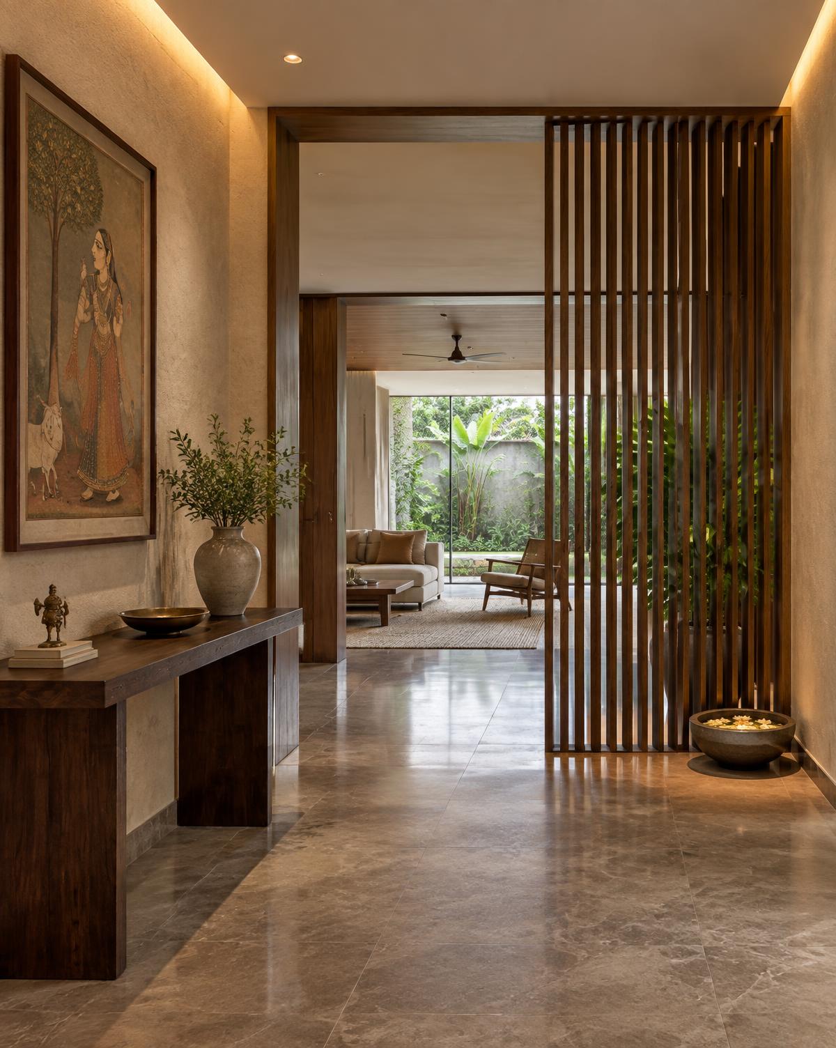 Indian foyer with crafted artwork and warm lighting