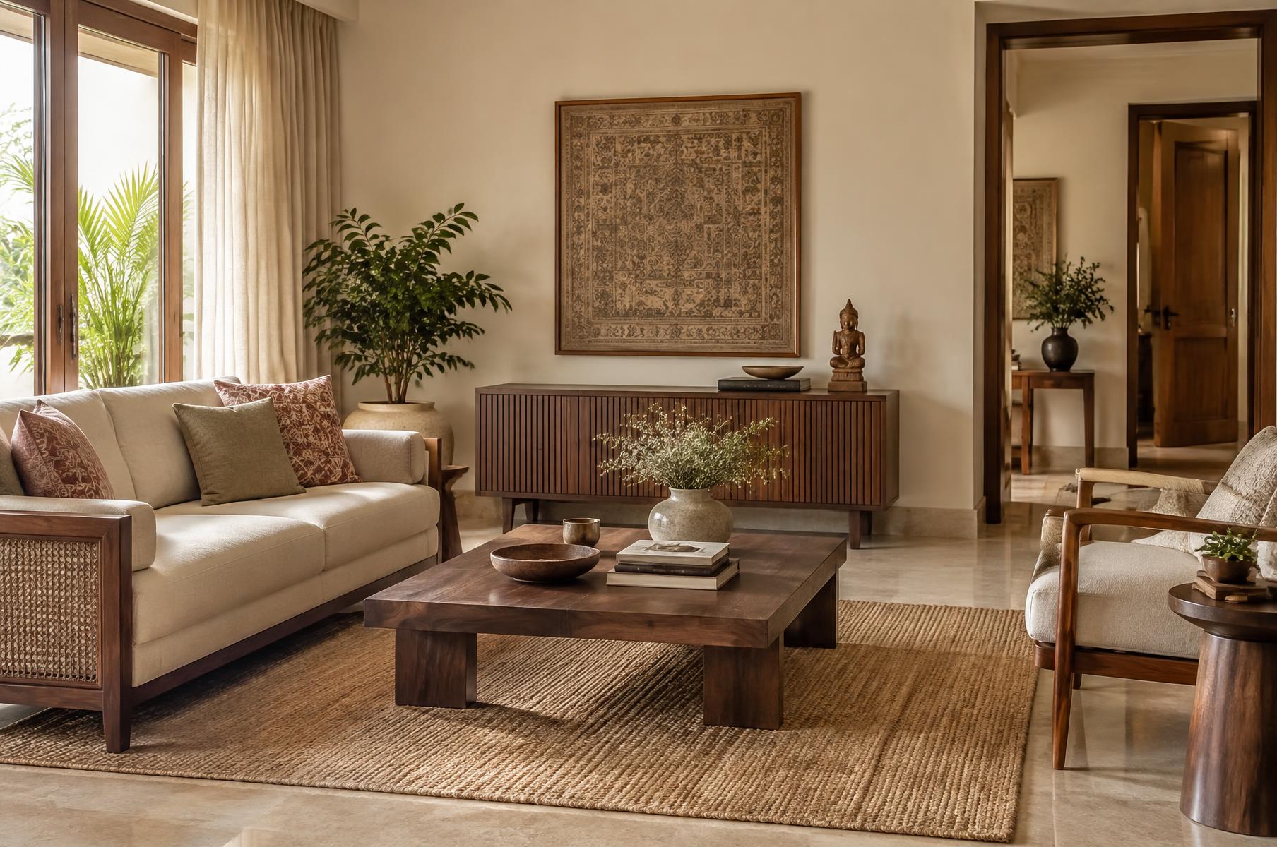 Indian living room with warm wood, natural textures and traditional details