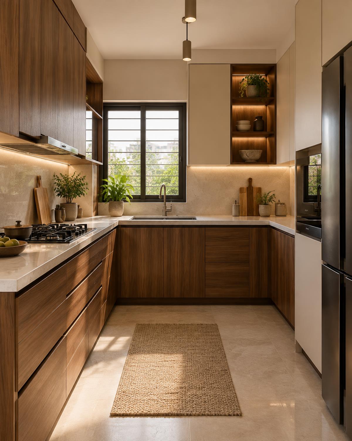 Modern kitchen concept with walnut cabinetry