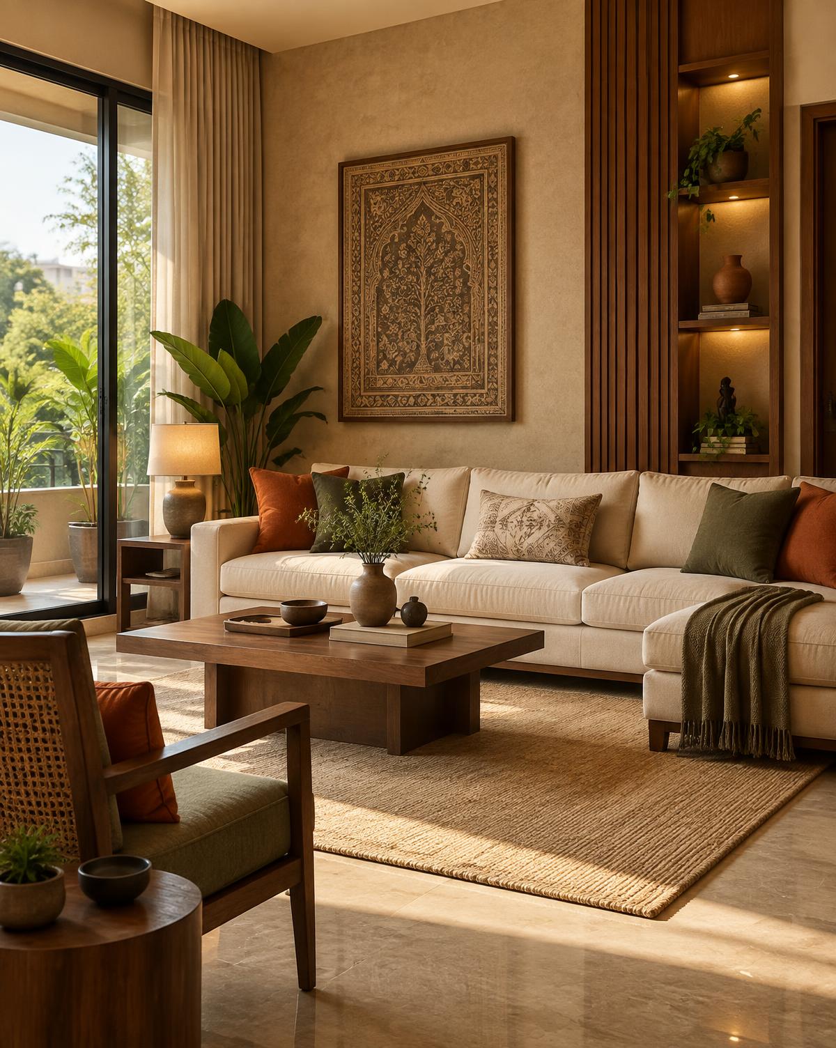 Warm modern Indian living room interior concept