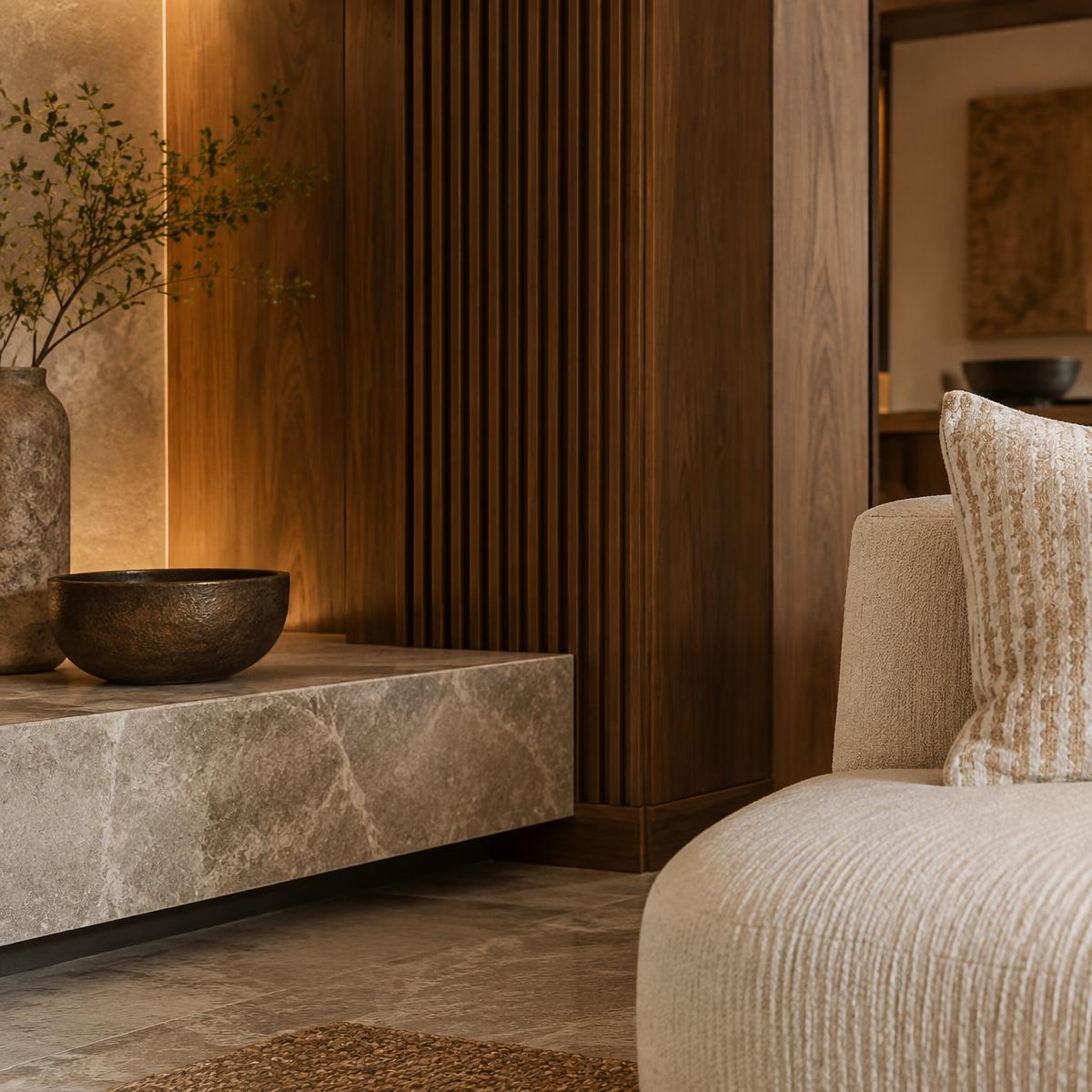 Natural stone, walnut and textile material detail