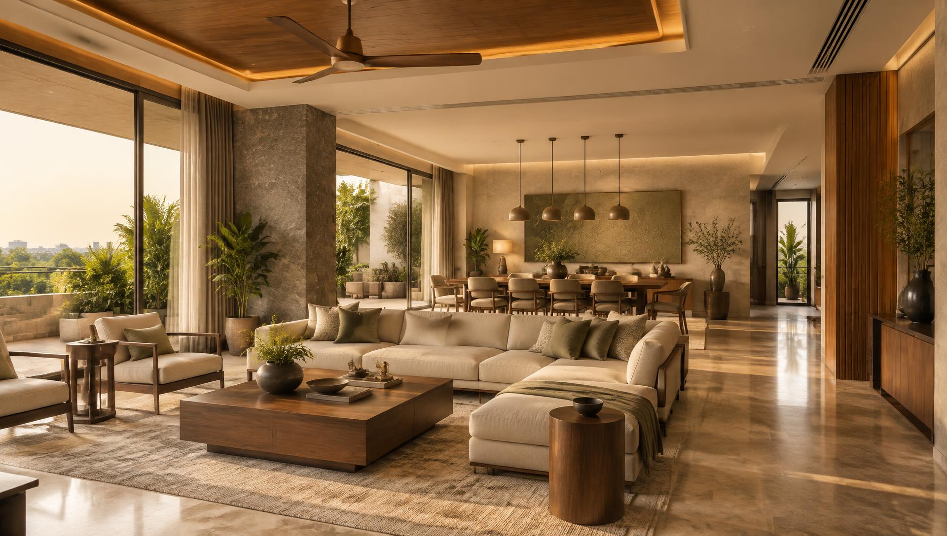 Warm open-plan living and dining interior concept
